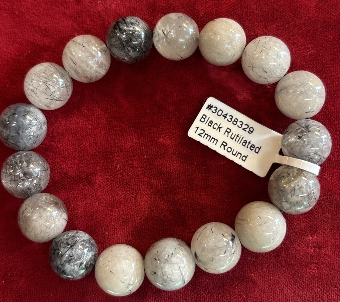Black Rutilated Quartz 12 mm Round Beaded Bracelet