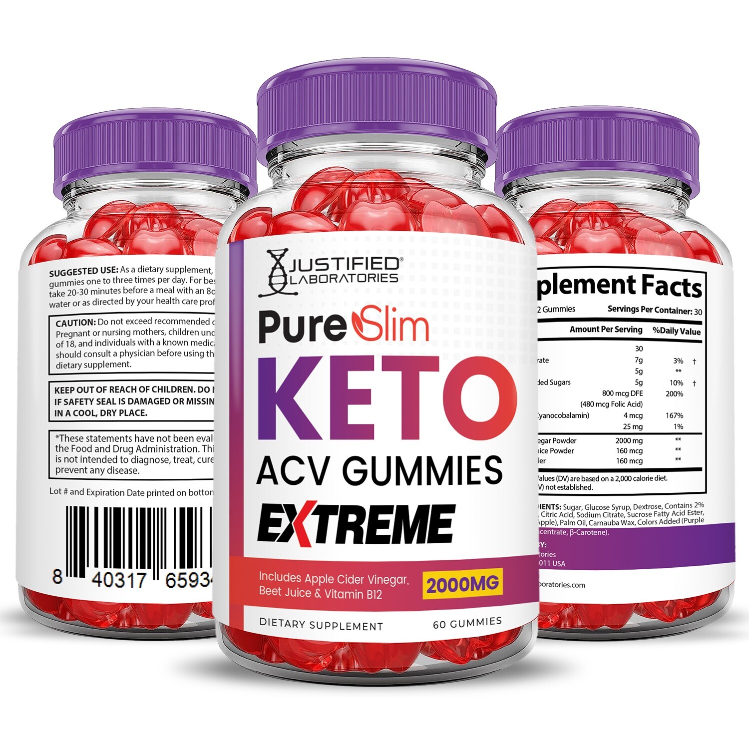 Pure Slim Keto Extreme ACV Gummies 2000MG Apple Cider Vinegar 120 Gummys