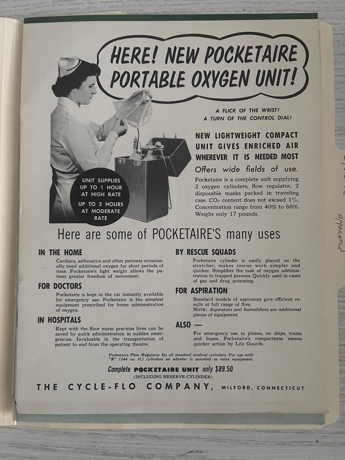Cycle-Flo Company -"Pocketaire Portable Oxygen Units" Lists, Product Information