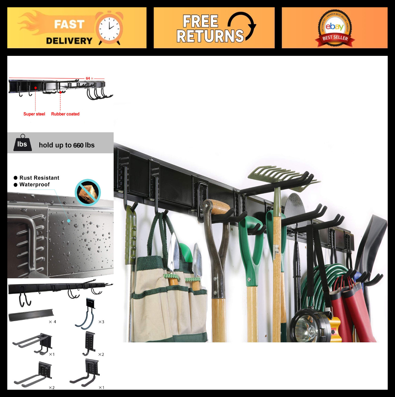 Adjustable Wall-Mounted Tool Storage Rack with 9 Hooks | Garden Organizer System
