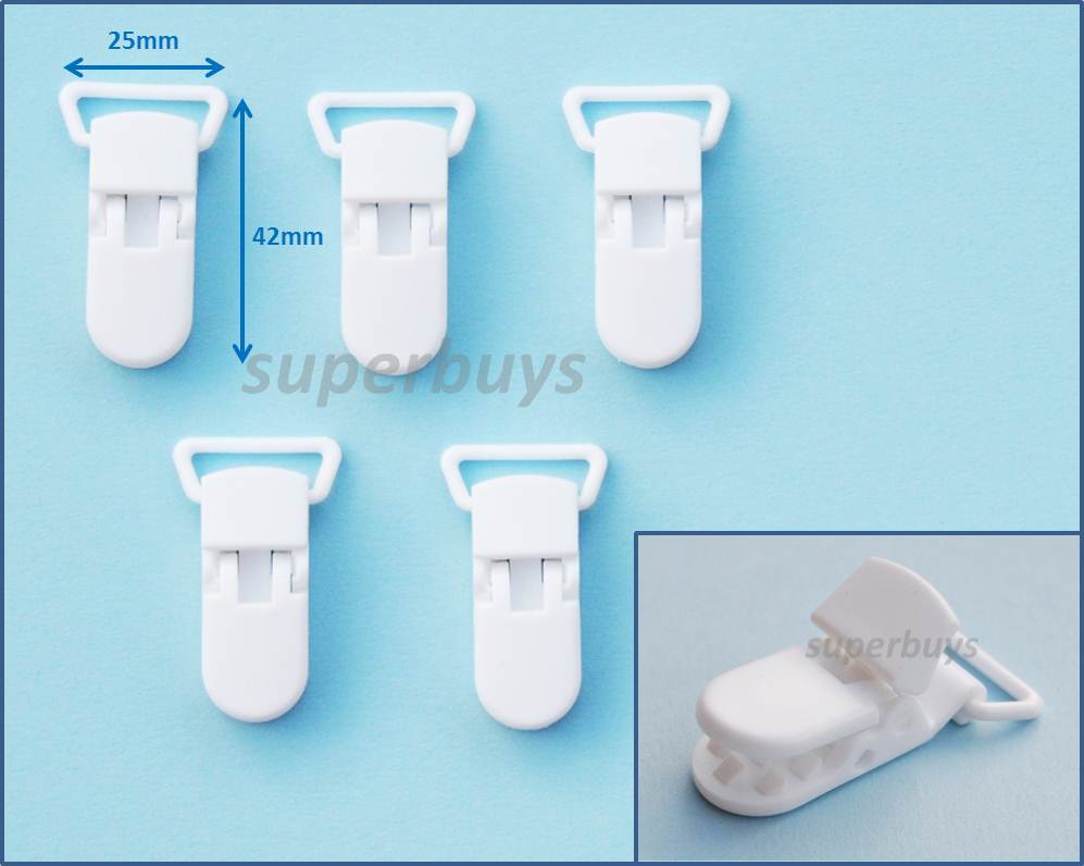 5 20 50 White Plastic Suspender Bib Pacifier Dummy Teeth Clip Buckle Ribbon KAM