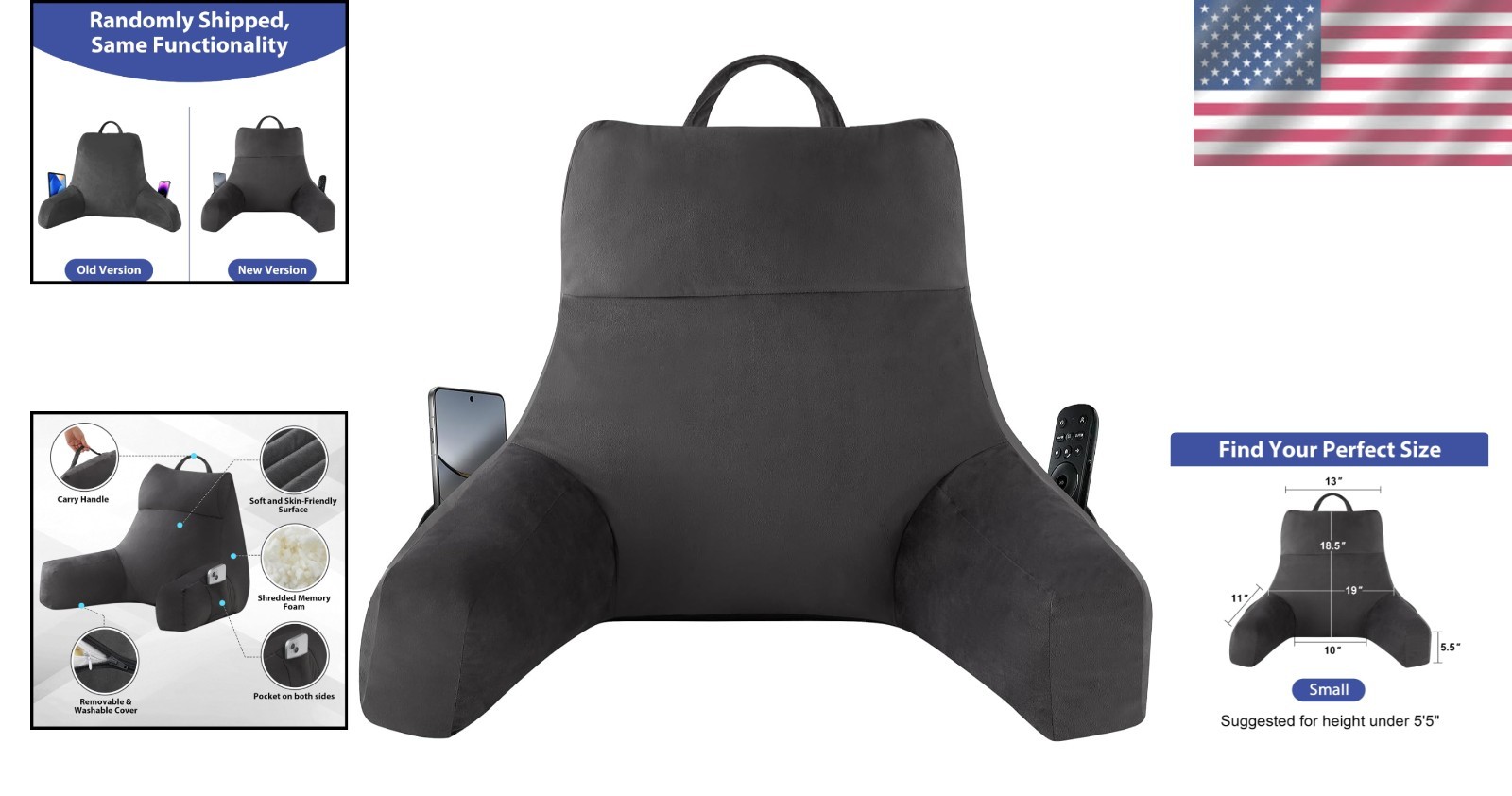 Grey Memory Foam Reading Pillow with Arms - Ergonomic Backrest for Couch & Bed