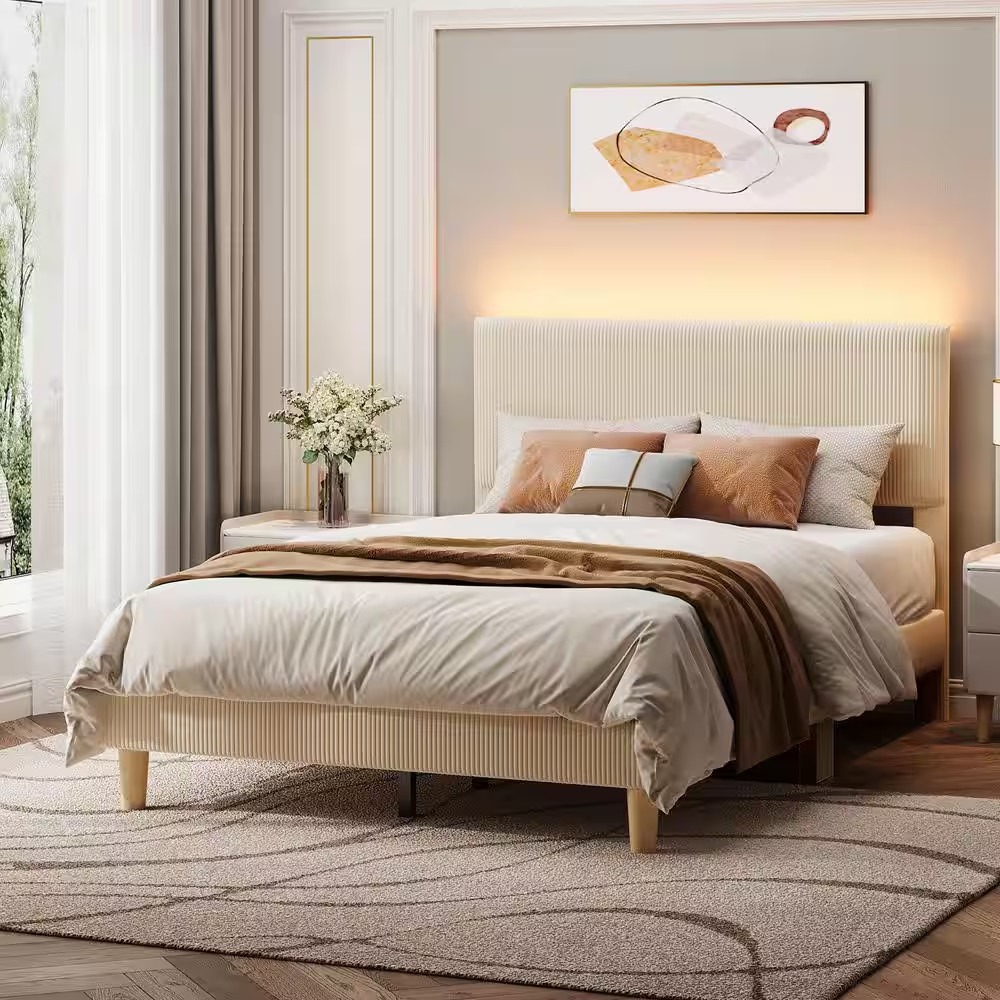 Beige Wood Frame Full Platform Bed Upholestered Headboard with LED Lights