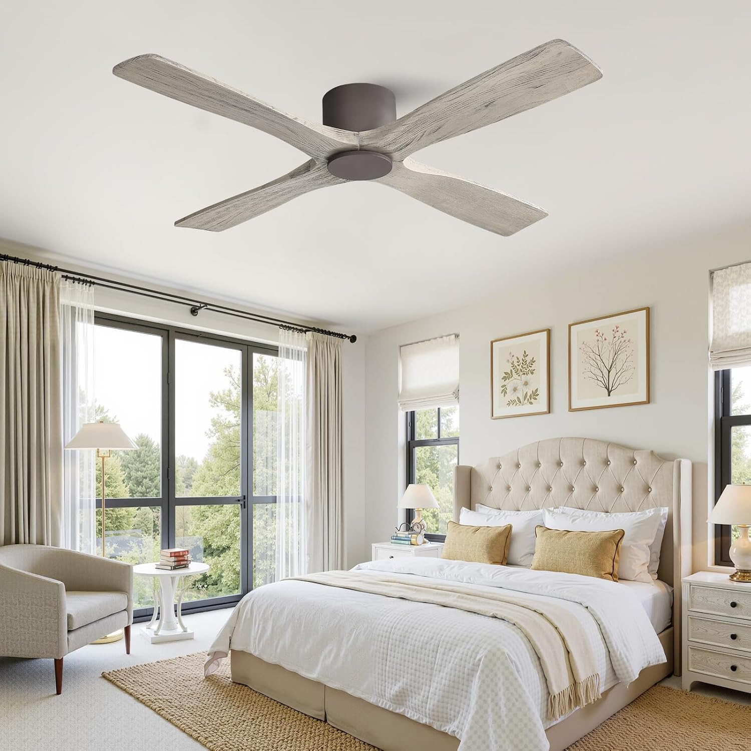 54" Ceiling Fan without Lights -Modern Low Profile Flush Mount Ceiling Fan, 6-Sp