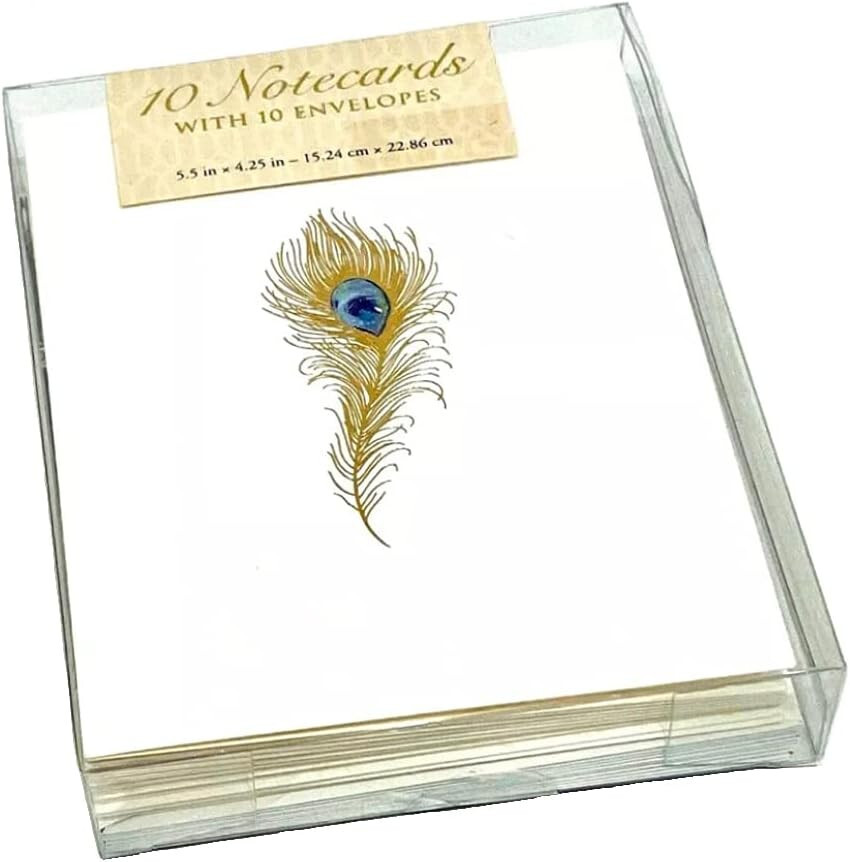 Studio oh Peacock feather blank notecards embossed gold 10 pack decorative