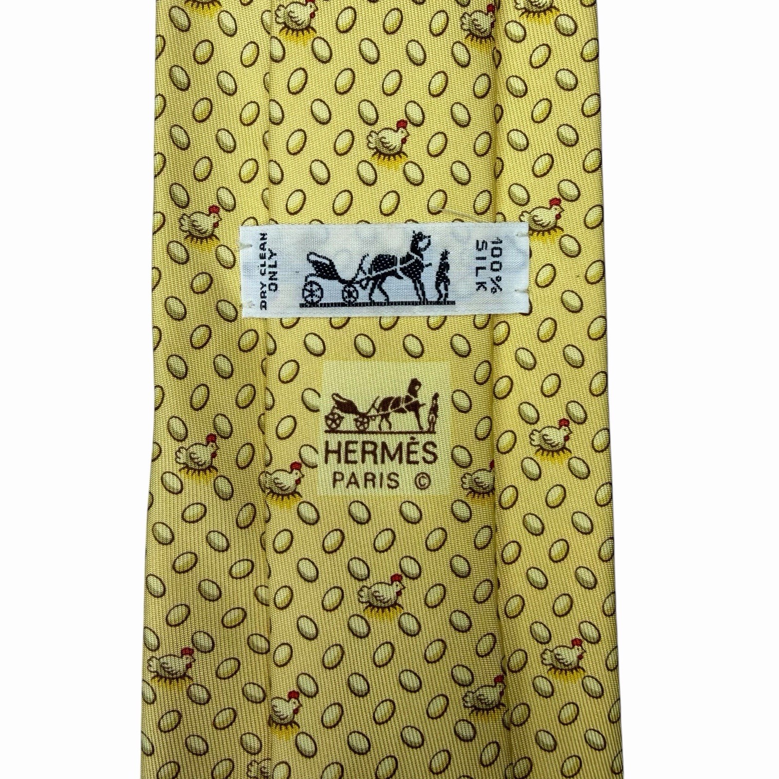 Hermes Men's Tie Whimsical Chickens & Eggs Yellow Silk 7901 MA 3 5/8" x 63.25"