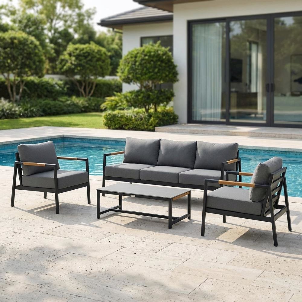 Outdoor Sofa In Black, Dark Gray, Aluminum Frame, Teak Accents, Patio Lounging