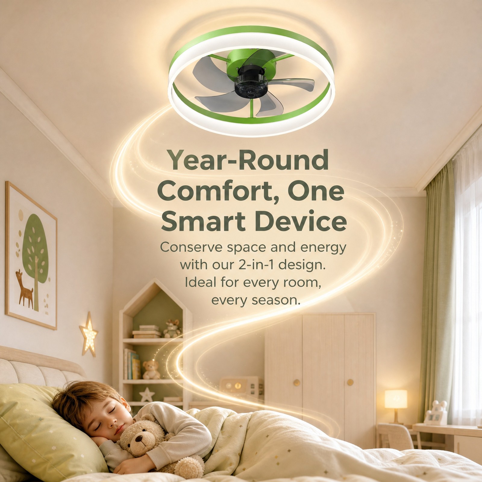 20'' Modern Green Ceiling Fan with LED Light Remote APP Control Flush Mount Kit