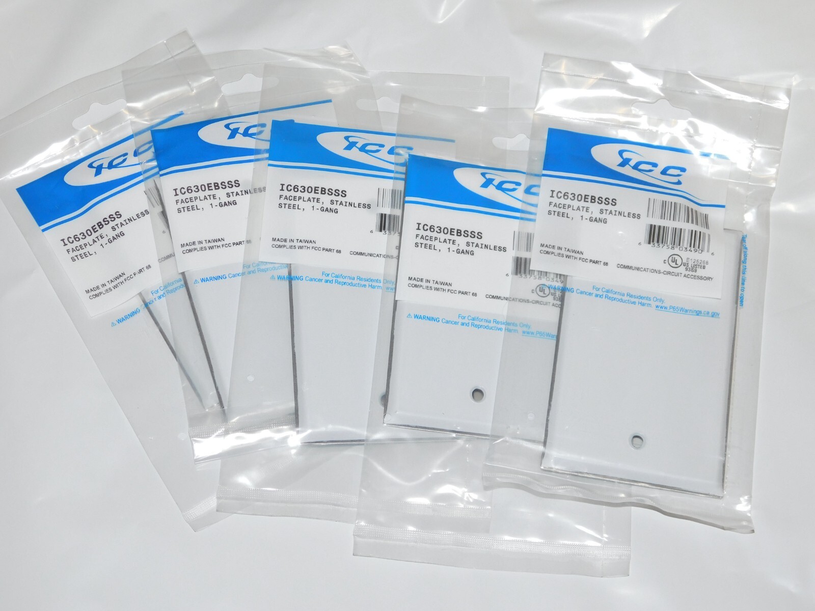 Lot of 5 ICC Stainless Steel Wall Plate Faceplate Blank Single Gang IC630EBSSS