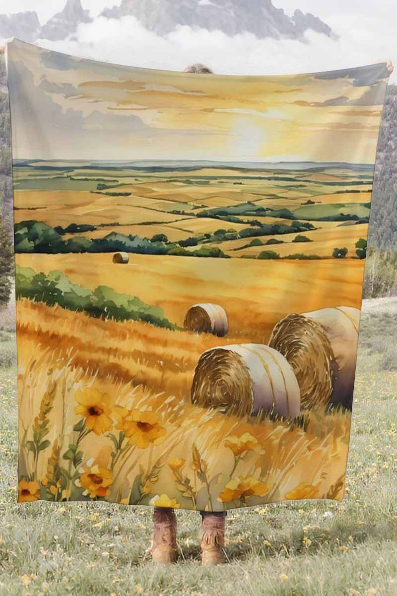 Hay Bale Wheat Field Coral Fleece Cozy Throw Blanket Farmhouse Elegant