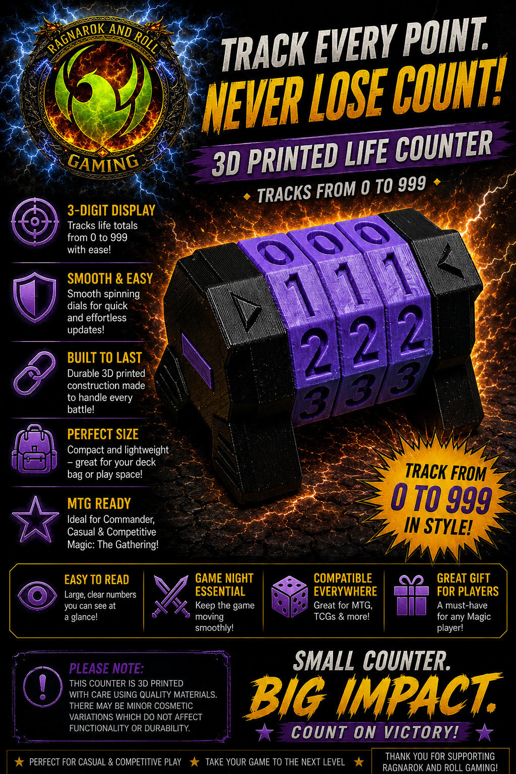 Dial-Type life counter - Magic the Gathering MTG/TCG - 3 Digit - Black/Purple
