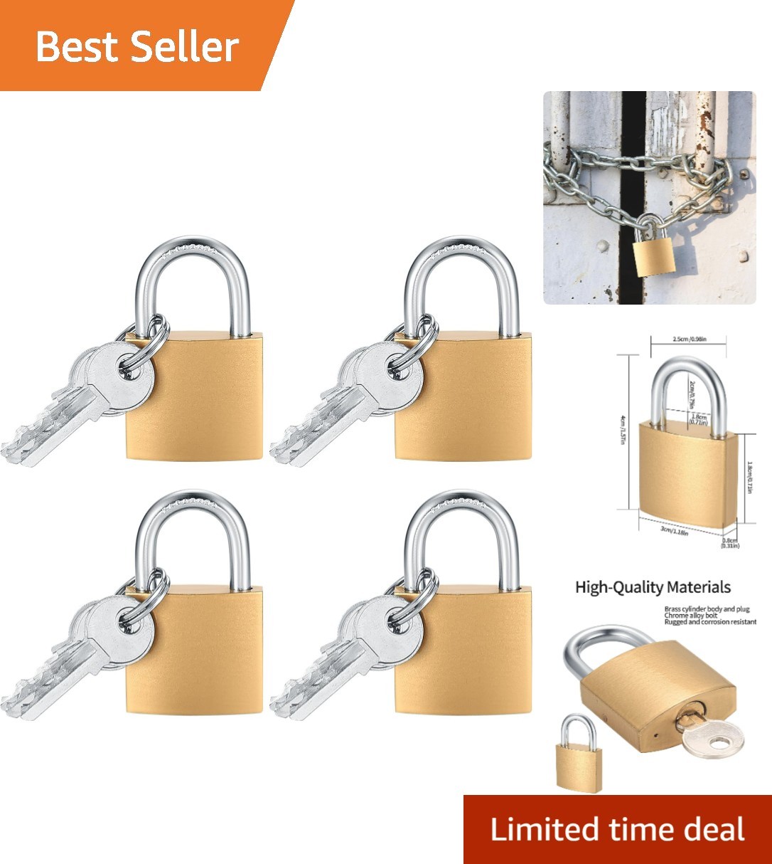 4 Pcs Brass Padlocks with Keys - Keyed Alike for Ultimate Convenience