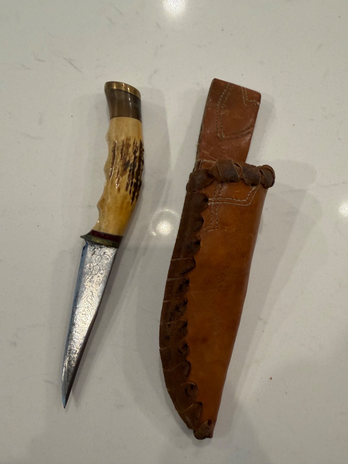 Vintage Custom Stag Handle Fixed Blade Hunting Knife & Leather Sheath 2001