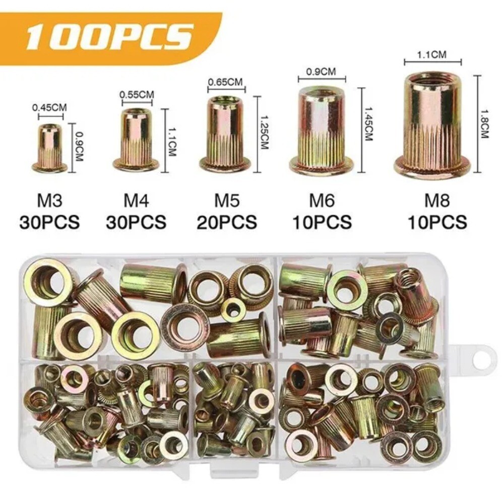 100x Flat NutsRivet Carbon Steel Tool Mixed Zinc Steel Insert Nutsert Threaded