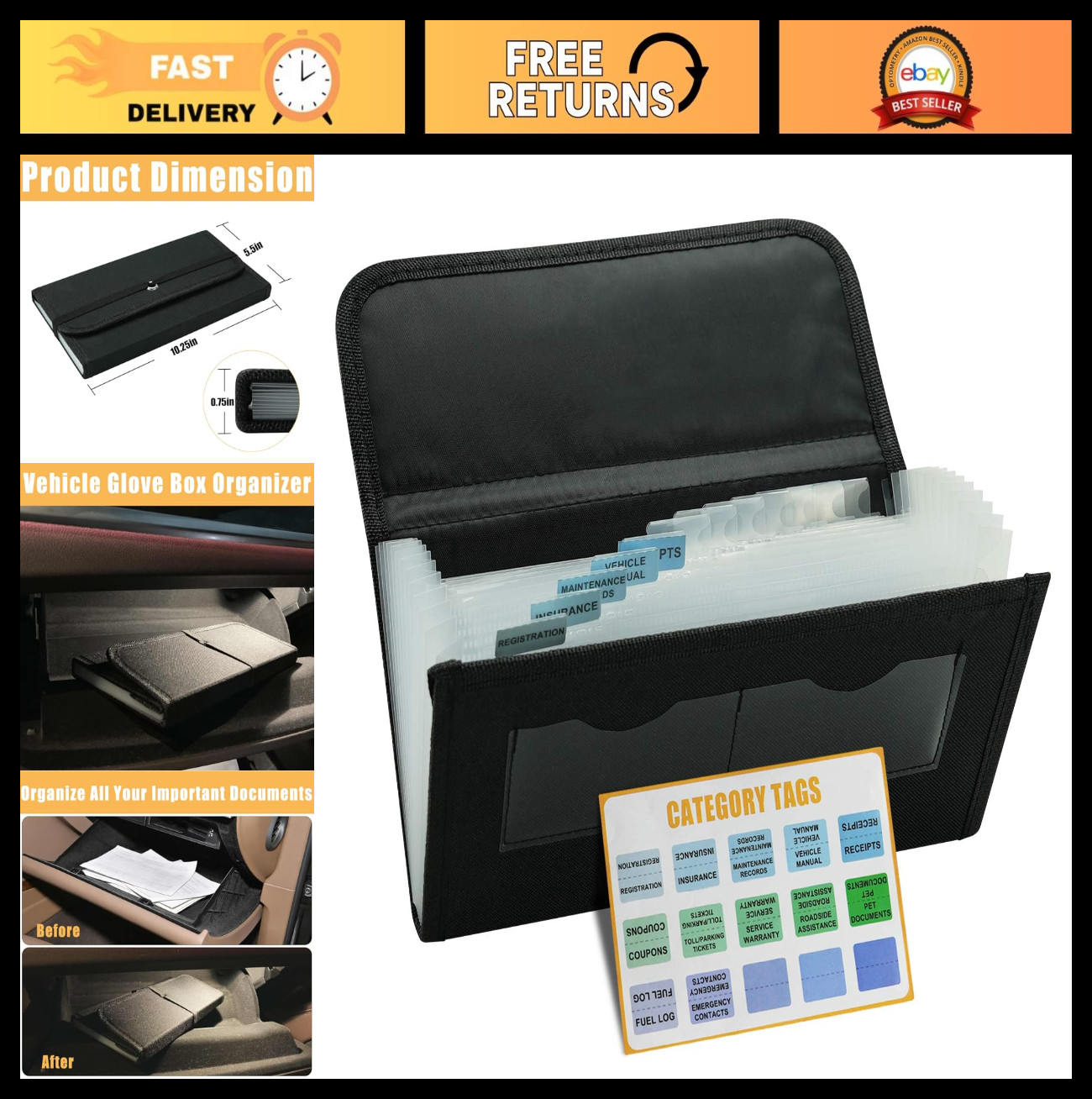 Large Capacity Vehicle Glove Box Organizer for Car Documents & License Cards, 13