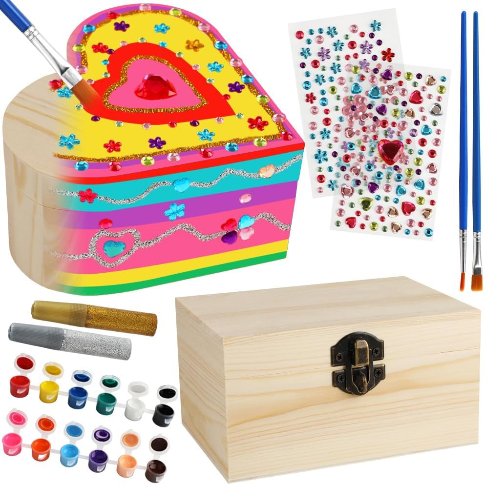 Crafts for Girls Ages 8-12, 2 Pack Paint Your Own Wooden Jewelry Box Kit DIY Art
