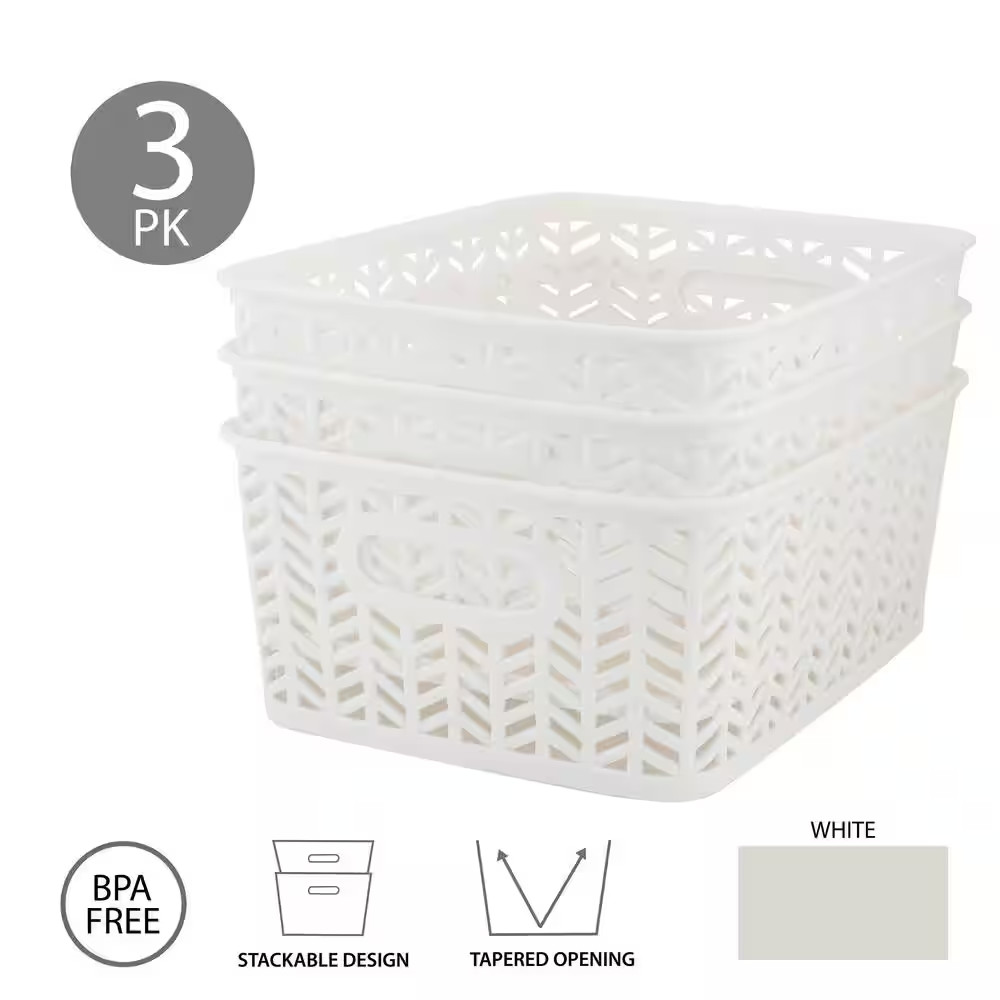 3 Pack Small Herringbone Cube Storage Bin Basket in White