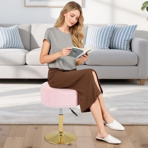 Adjustable Vanity Stool with Storage, 360° Swivel Gold Gold Base Faux Fur Pink
