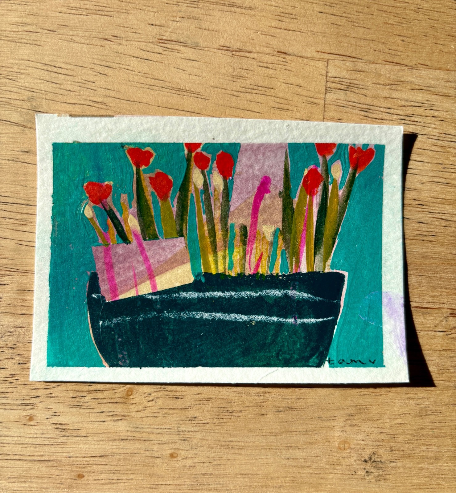 ATC ACEO Original tiny floral art red flowers "Red Said It All"  2.5 x 3.5 OOAK