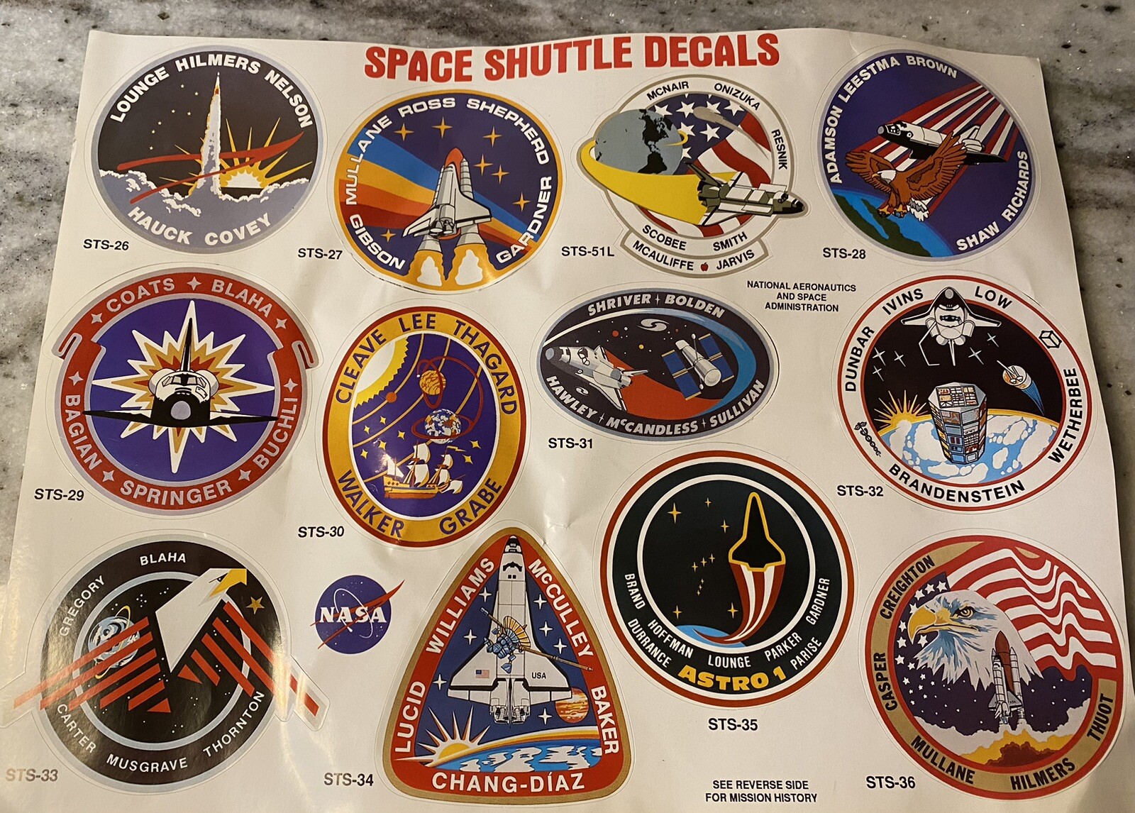 12 NASA Space Shuttle Mission Crew Challenger Decal Sticker Lot