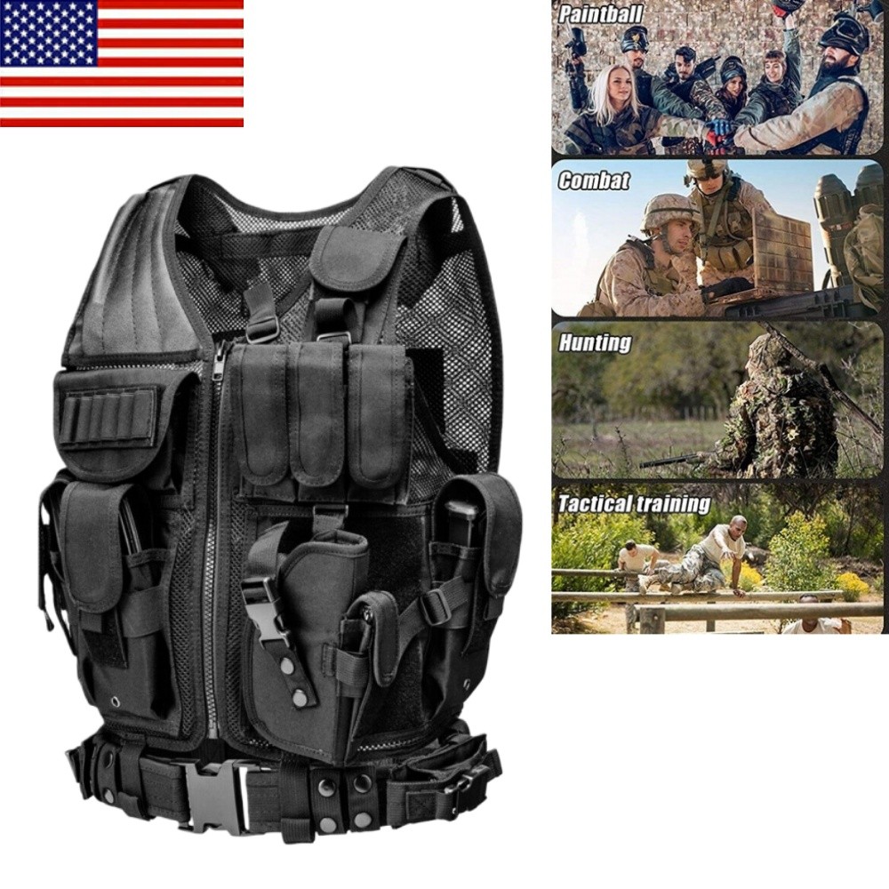 Military Tactical Vest with Gun Holster Molle Police Gear Combat Plate Carrier