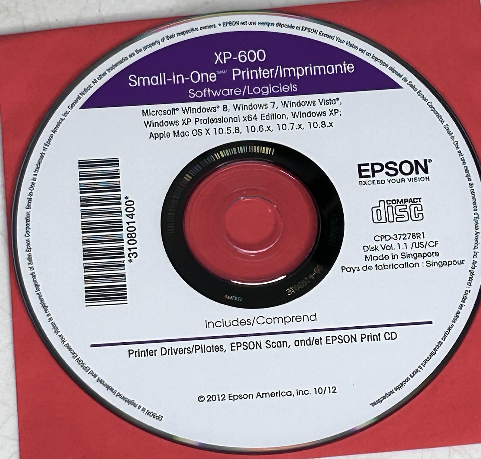 Epson XP-600 Small-in-One Printer Software Driver CD-ROM CPD-37278R1 - Disc Only