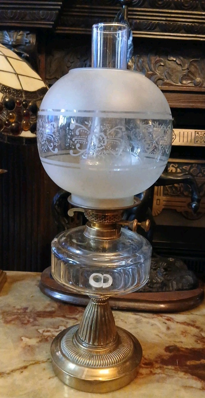 Oil Lamp Victorian Clear Cut Glass & Brass Base  Round  Etched Shade