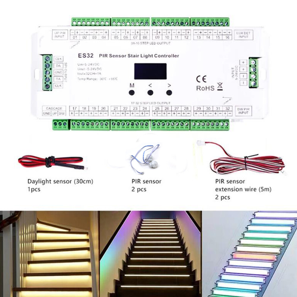 PIR Sensor Stair Light Controller 32CH 2CH RGB Pixel SPI LED Strip Dimmer StairS