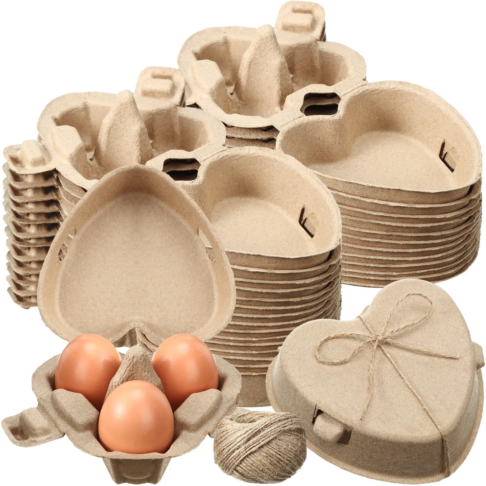 30 PCS Easter Heart Shaped Eggs Cartons 3 Count Natural Paper Pulp Jute Ropes