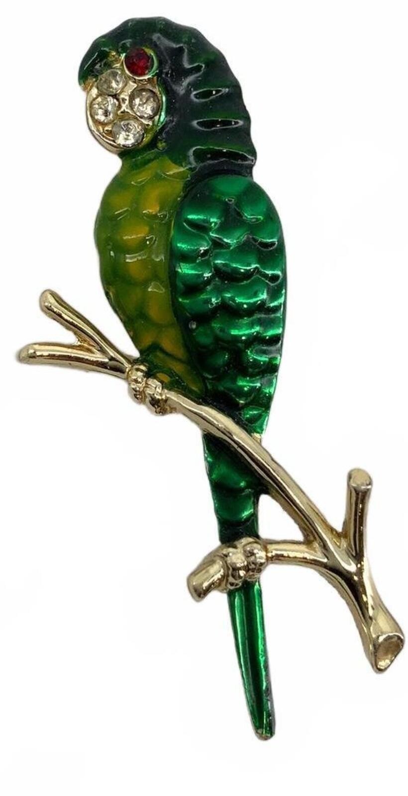 Vintage Enamel Parrot Bird Brooch Goldtone Green Tropical Animal Lapel Pin Small