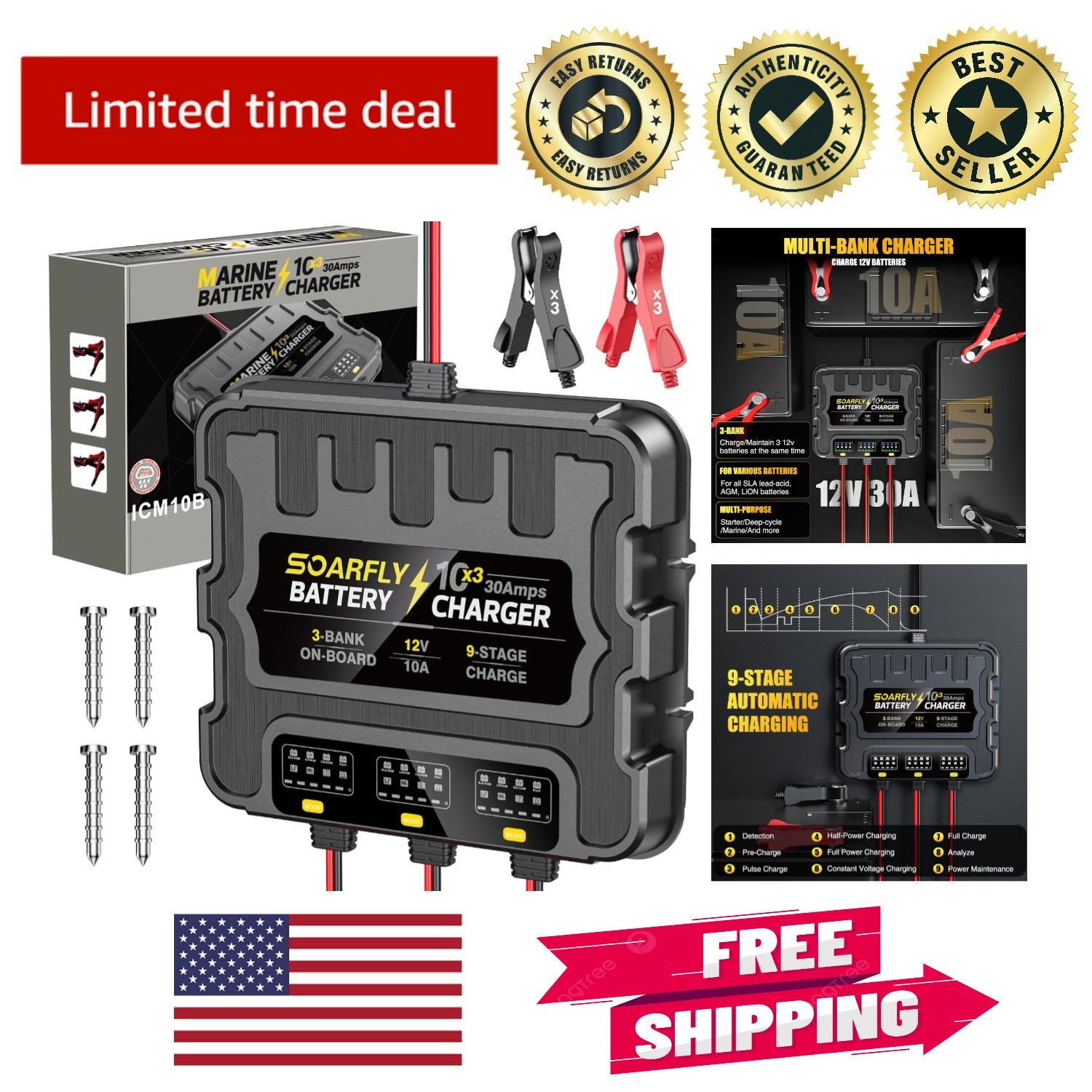 Advanced 3 Bank Marine Battery Charger - Waterproof, 30A Smart Technology