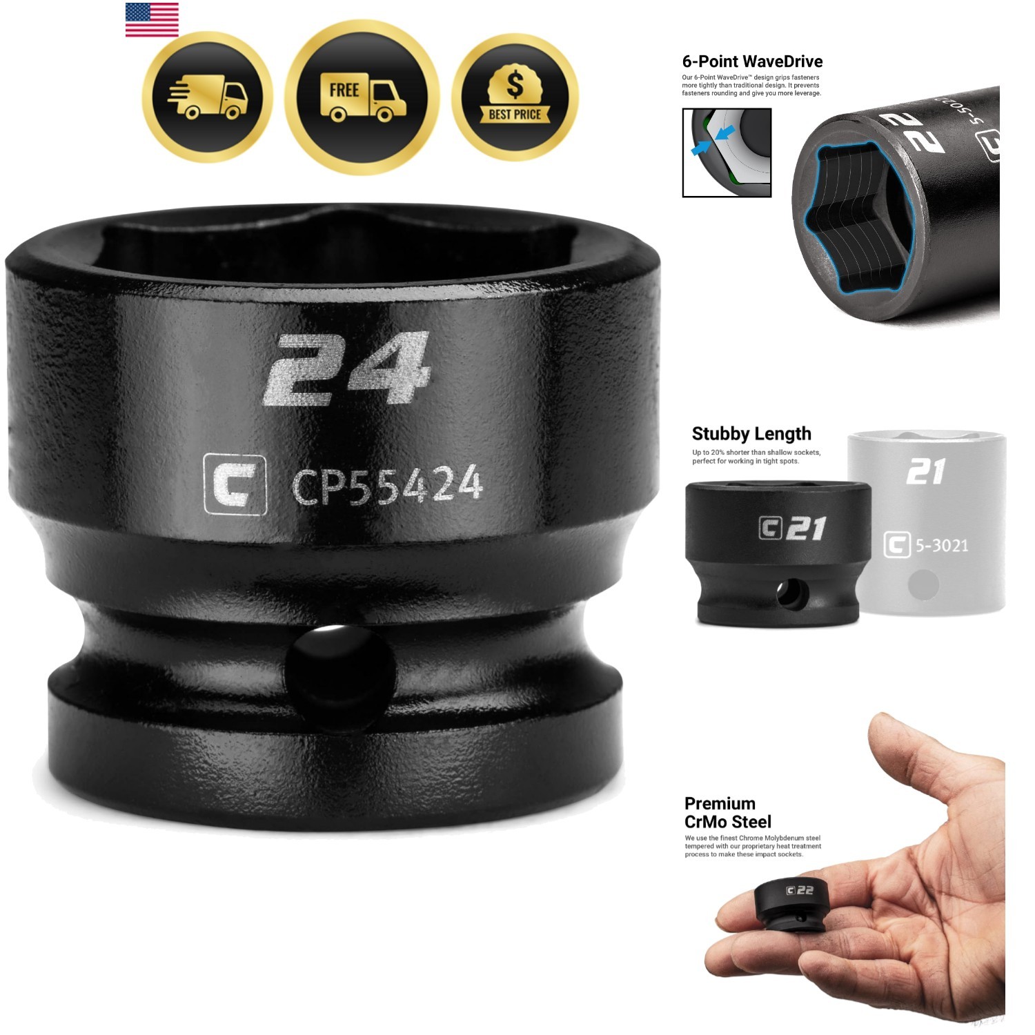 24 mm Stubby Impact Socket, 1/2 in. Drive, 6-Point, Metric CP55424
