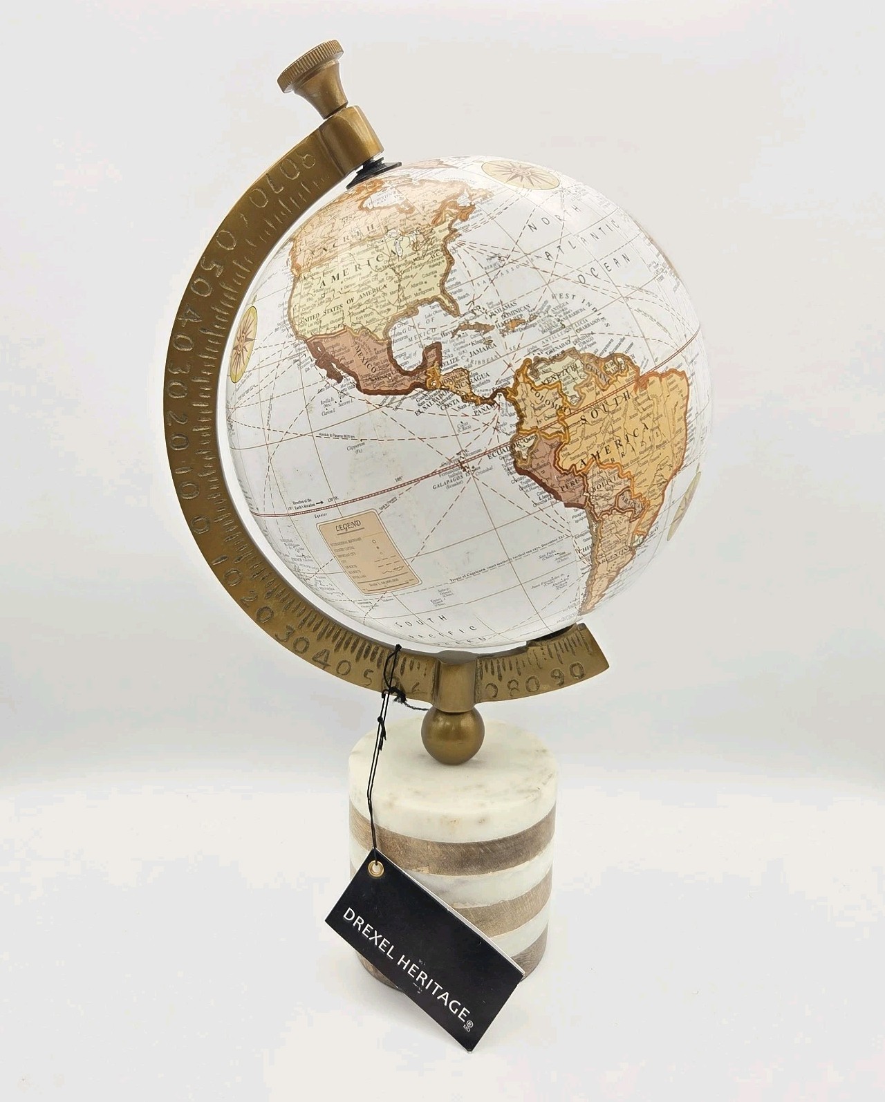 Drexel Heritage White World Globe 16" Wood Marble Base Table Decor Earth Tones