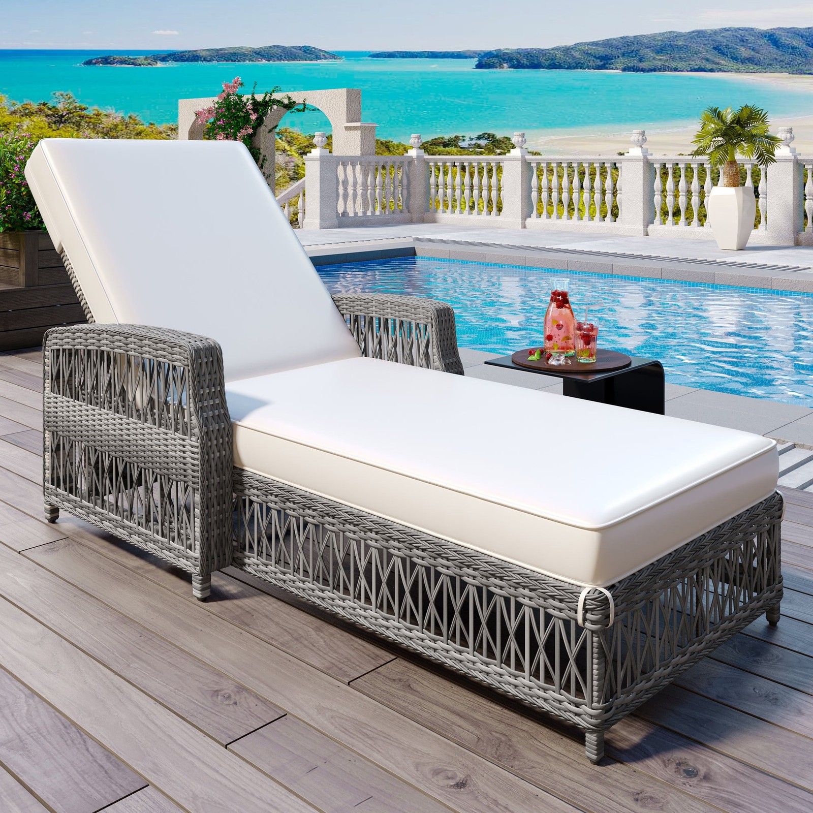 Reclining Chaise, Wicker  Armrests Adjustable Recliner Soft Removable Cushions