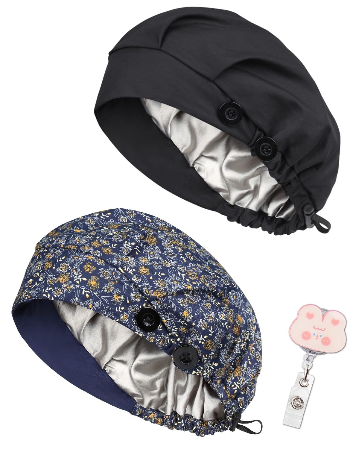 2 Pack Satin Lined Bouffant Scrub Caps with Buttons Adjustable for Women Men