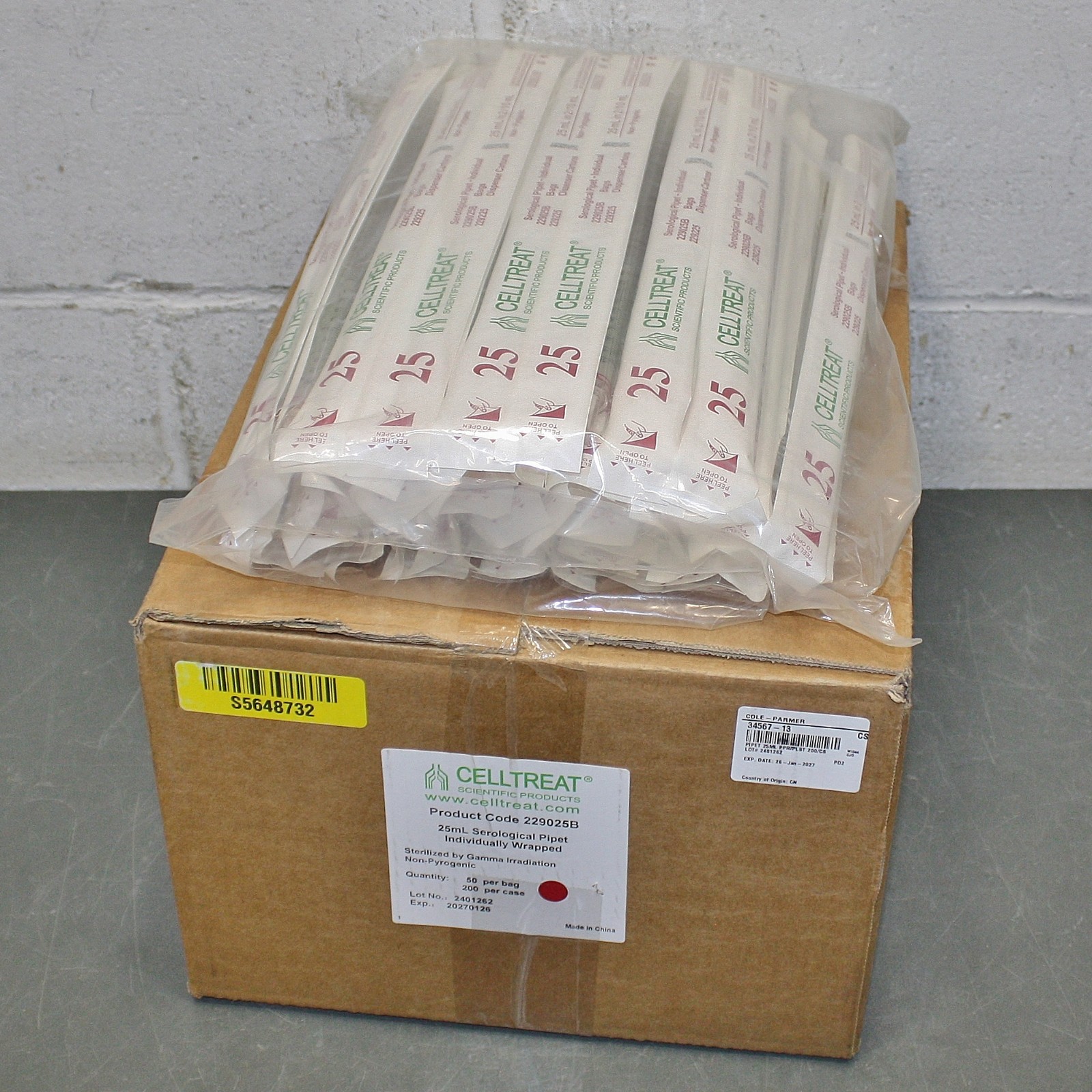 EXPIRES 01/2027 - (200) Celltreat 25mL Sterile Plastic Serological Pipet 229025B