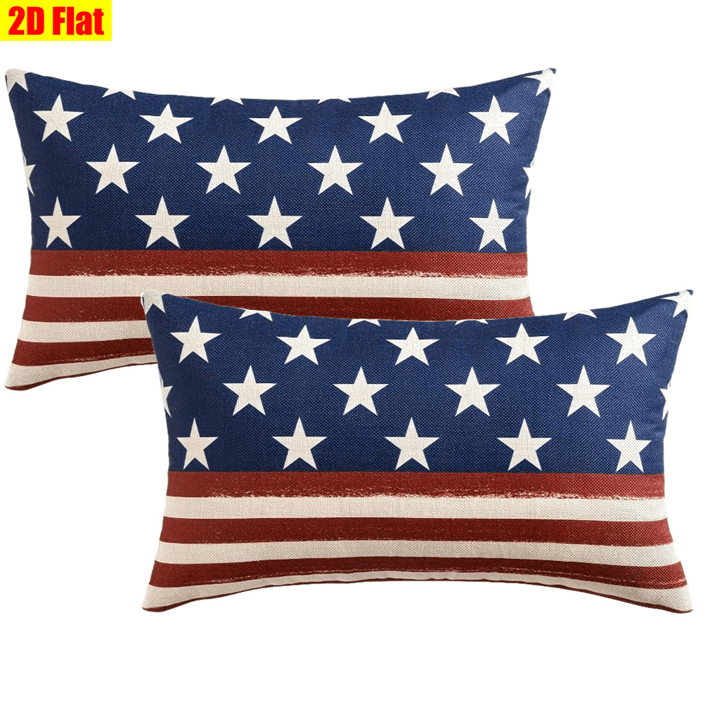 2pcs 4th of July Linen Pillow Covers Flag Stars Stripes Independence Day Decor