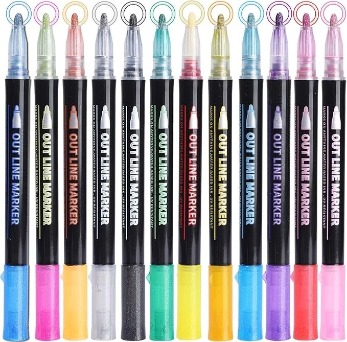 12 Pcs Doodle Dazzles Shimmer Marker Set Double Line Outline Metallic Pen