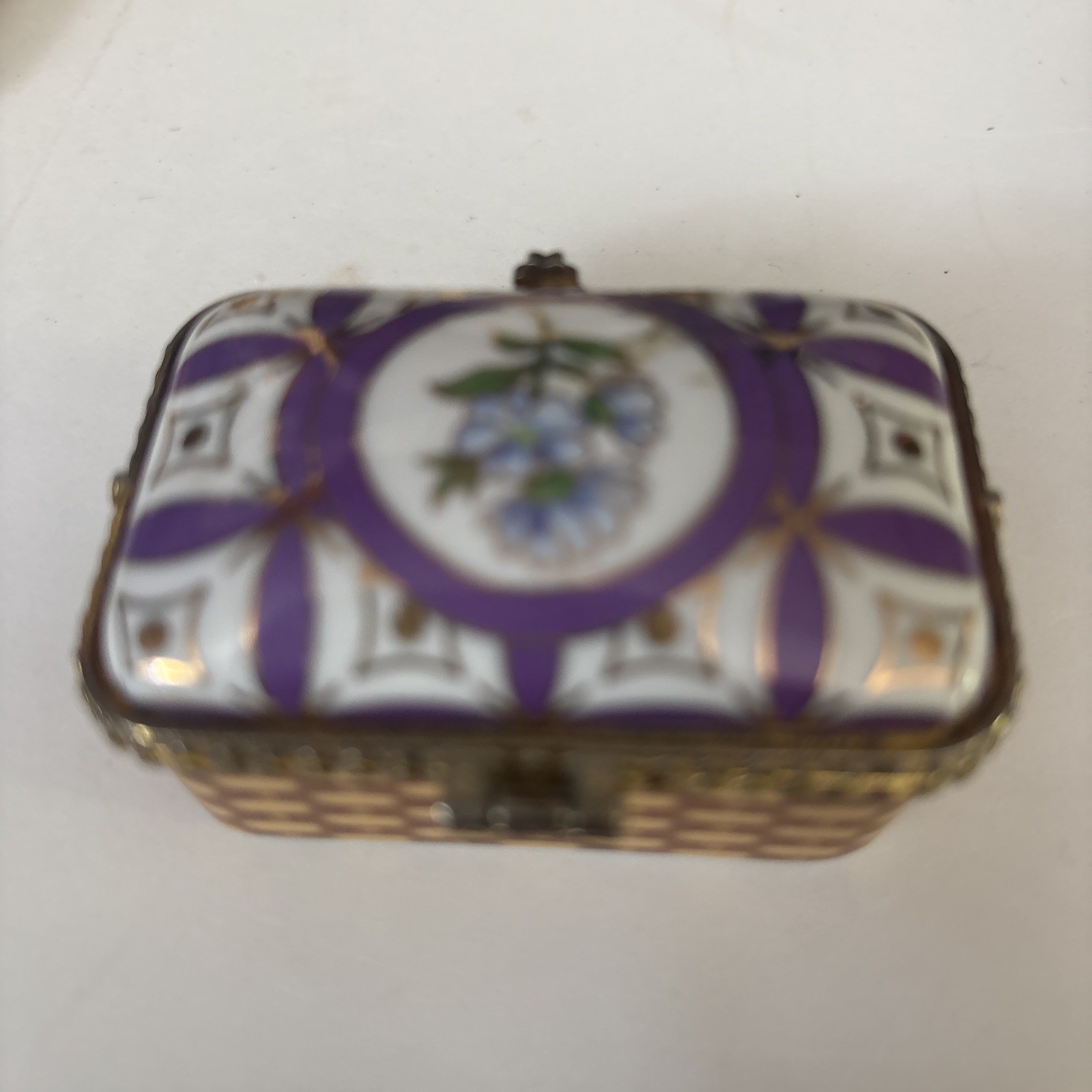 Ceramic Picnic Basket Trinket Box Approximately 2 1/2 Inches Long.