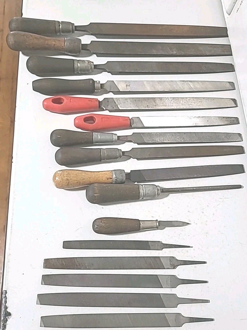 WOOD HANDLES FILES LOT, 16 Files, 11 Wood Handles, Vintage Tools Skroo Zon Etc