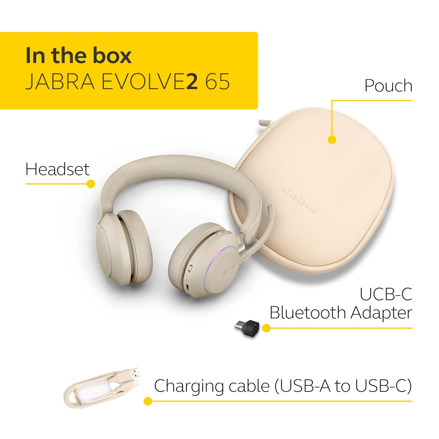 Jabra Evolve2 65 Stereo MS Bluetooth Wireless Headset USB-C BEIGE Headphones NEW