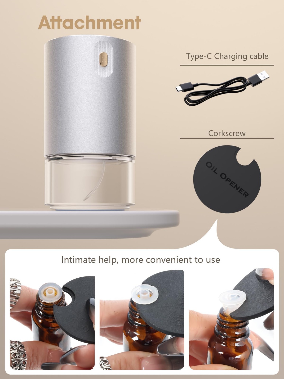 Waterless Essential Oil Diffuser, Rechargeable Aromatherapy Scent Silver