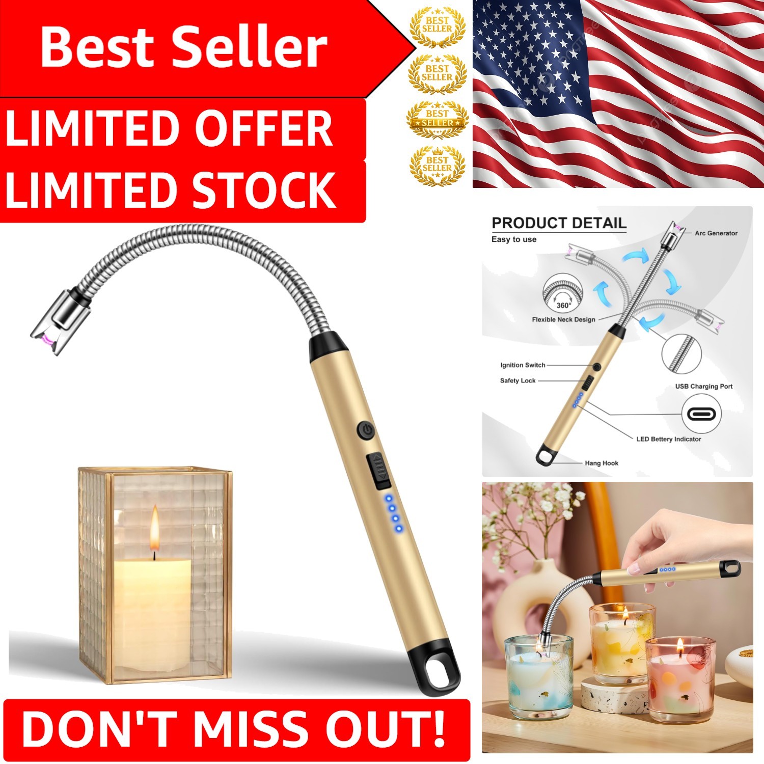 Gold Electric Candle Lighter with Safety Lock & LED Display - Modern Design
