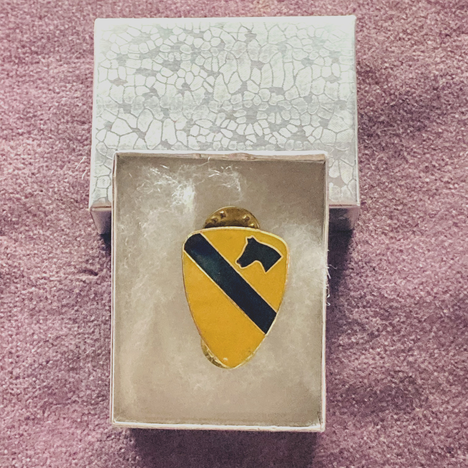 US Army Cavalry Insignia Lapel Pin Black Enamel Brass Outline Yellow Backing VNT