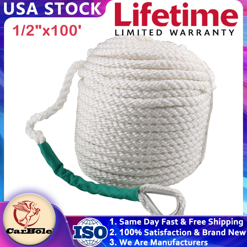 1/2"x100' White Twisted Three Strand Nylon Anchor Rope Boat with Thimble 5850LB