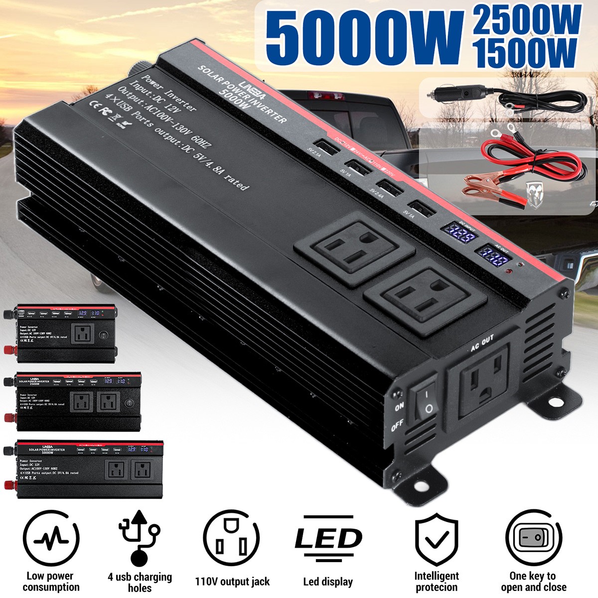 Car Power Inverter 1500W 2500W 5000W Peak DC 12V 24V to 110V AC Sine Wave Power