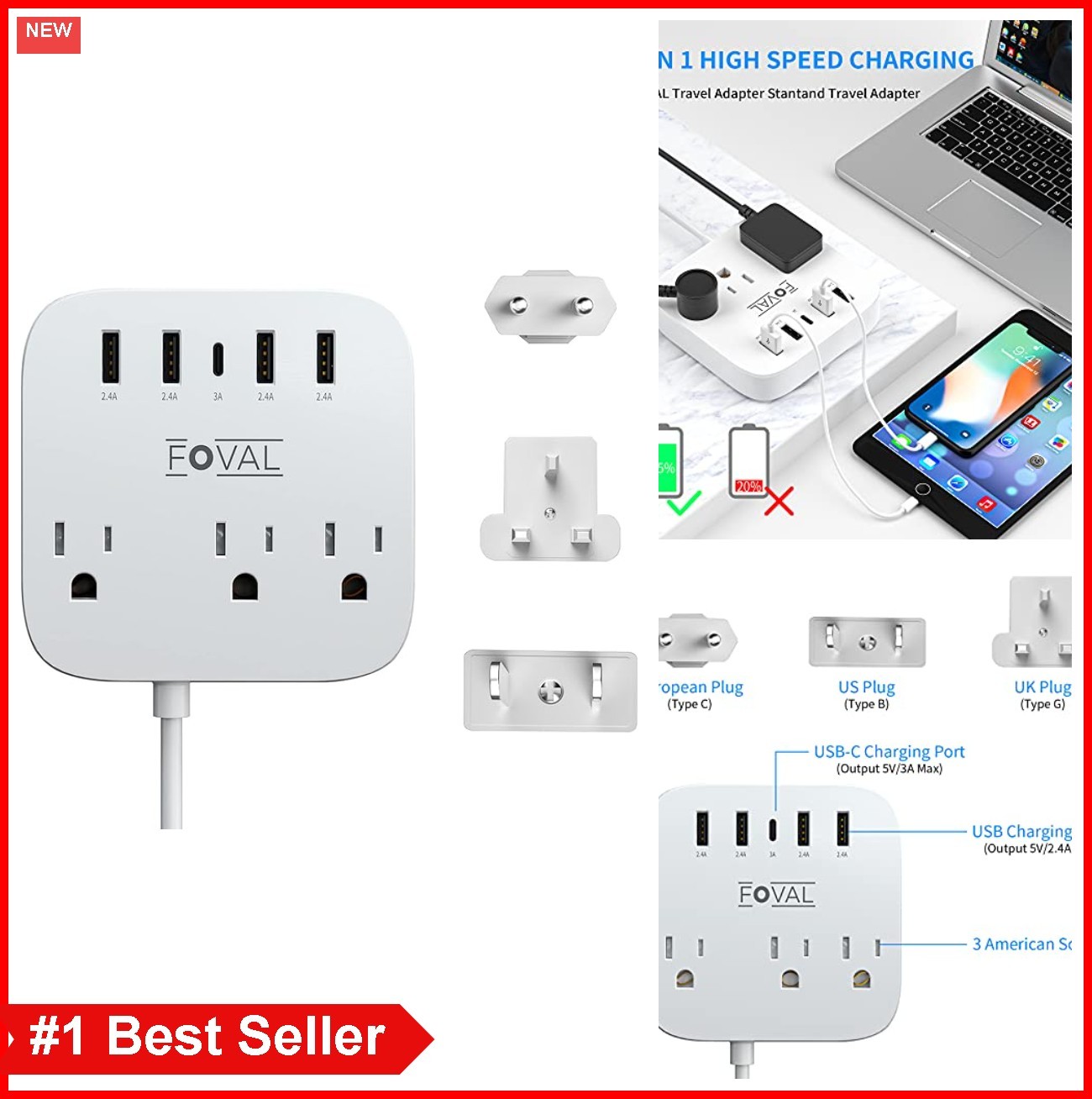 International Travel Power Strip 3 AC Outlets 4 USB A and USB C 5ft Cord EU UK