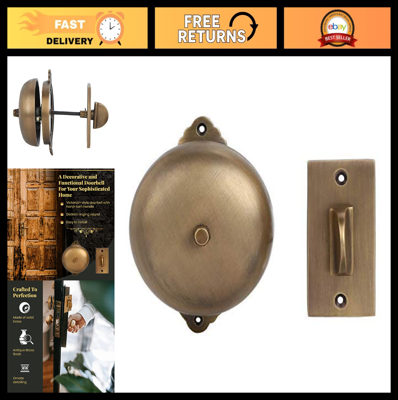 Vintage Victorian Twist Antique Mechanical Doorbell - Solid Brass Chime, DIY Ins