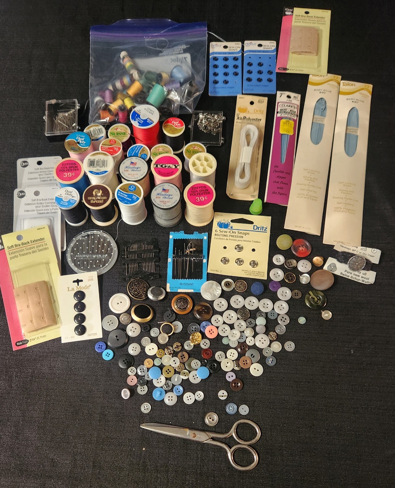 Vintage Sewing Lot - Thread, Buttons, scissors, Needles, Zippers and Notions