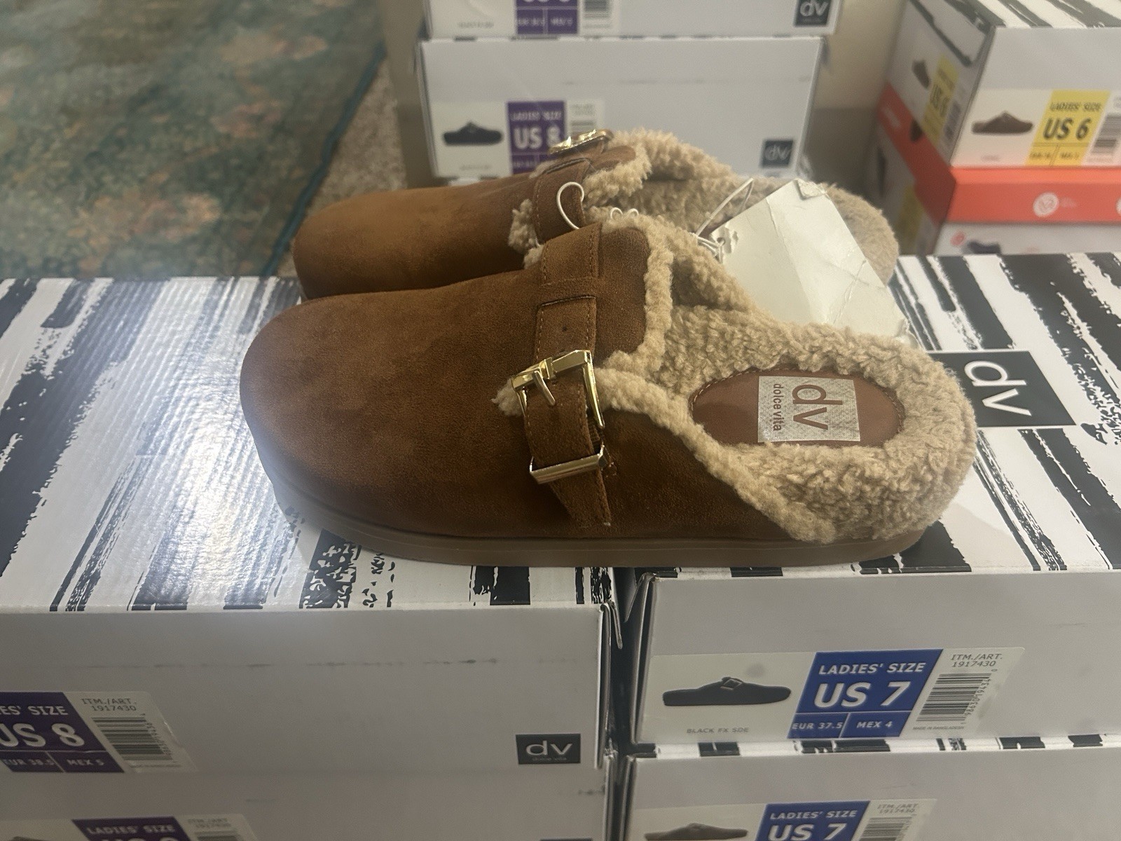 dv Dolce Vita Brown Suede Buckle Clog Slipper Faux Fur Lined Women's US 6